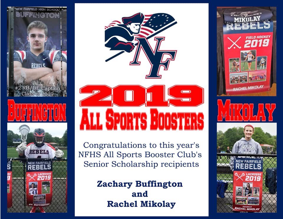 Congratulations to <a href="/NfBoysLax/">New Fairfield Boy's Lacrosse</a> LSM/D, Zach Buffington, and <a href="/NFGLAX/">New Fairfield Girls Lacrosse</a> goalie, Rachel Mikolay, for being named the New Fairfield High School All Sports Booster Club's Senior Scholarship recipients (<a href="/NFHSBoosters/">NFHS Booster Club</a>)! #ctlax #ctglax #feartherebs