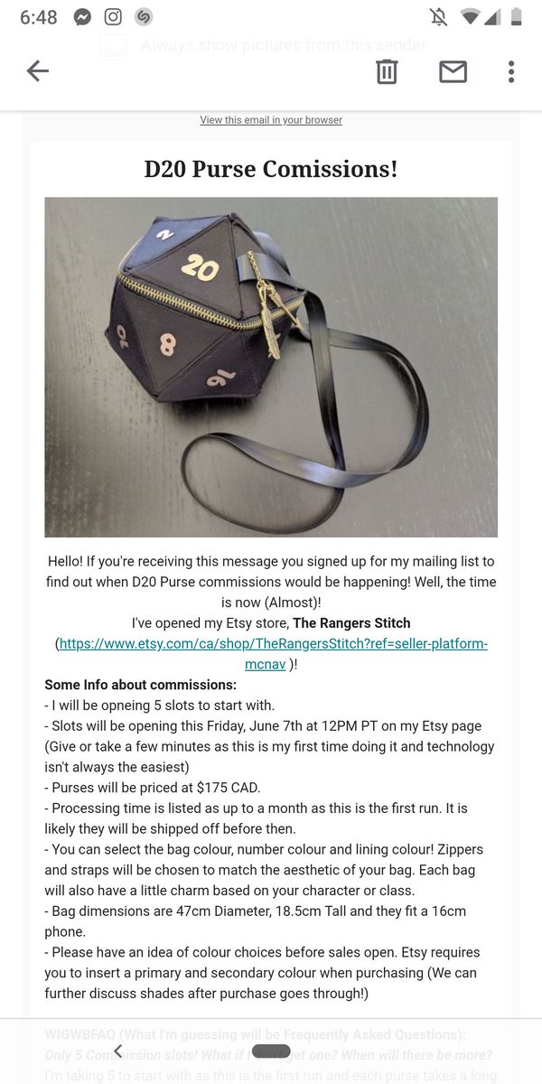 PartyChickencos's tweet photo. #D20purse commission info! I was going to write it all out, then realized I could just screenshot the email!
If you have any questions feel free to message me!
Slots opening June 7th 12pm PT on Etsy! Link in bio.
#DND #dndaccessory #d20 #dice #dungeonsanddragons #comissions https://t.co/z6c8CTZ5od