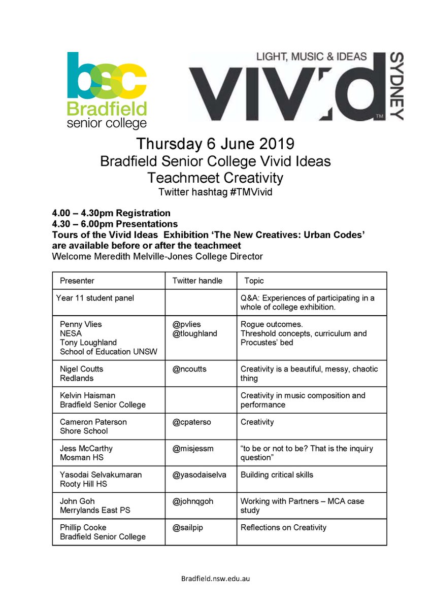 sailpip's tweet photo. Teachmeet Creativity Thursday part of the #vividideas festival on TODAY 4.30-6pm.
Presenters include a student panel @yasodaiselva @ncoutts @cpaterso @missjessm @pvlies @johnqgoh @tloughland 
All welcome https://t.co/K0X94TYgj6 #tmcreativity #aussieED https://t.co/D0jKB0qaMV