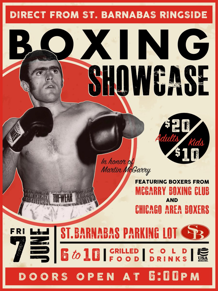 McGarryBoxing's tweet photo. This Friday, June 7th: the 2019 St. Barnabas Boxing Showcase, in honor of Martin McGarry.

Advance tickets and volunteering information can be found here:

https://t.co/f7rTaJx5ux

See you at the ring! https://t.co/8Kaha0R5L9