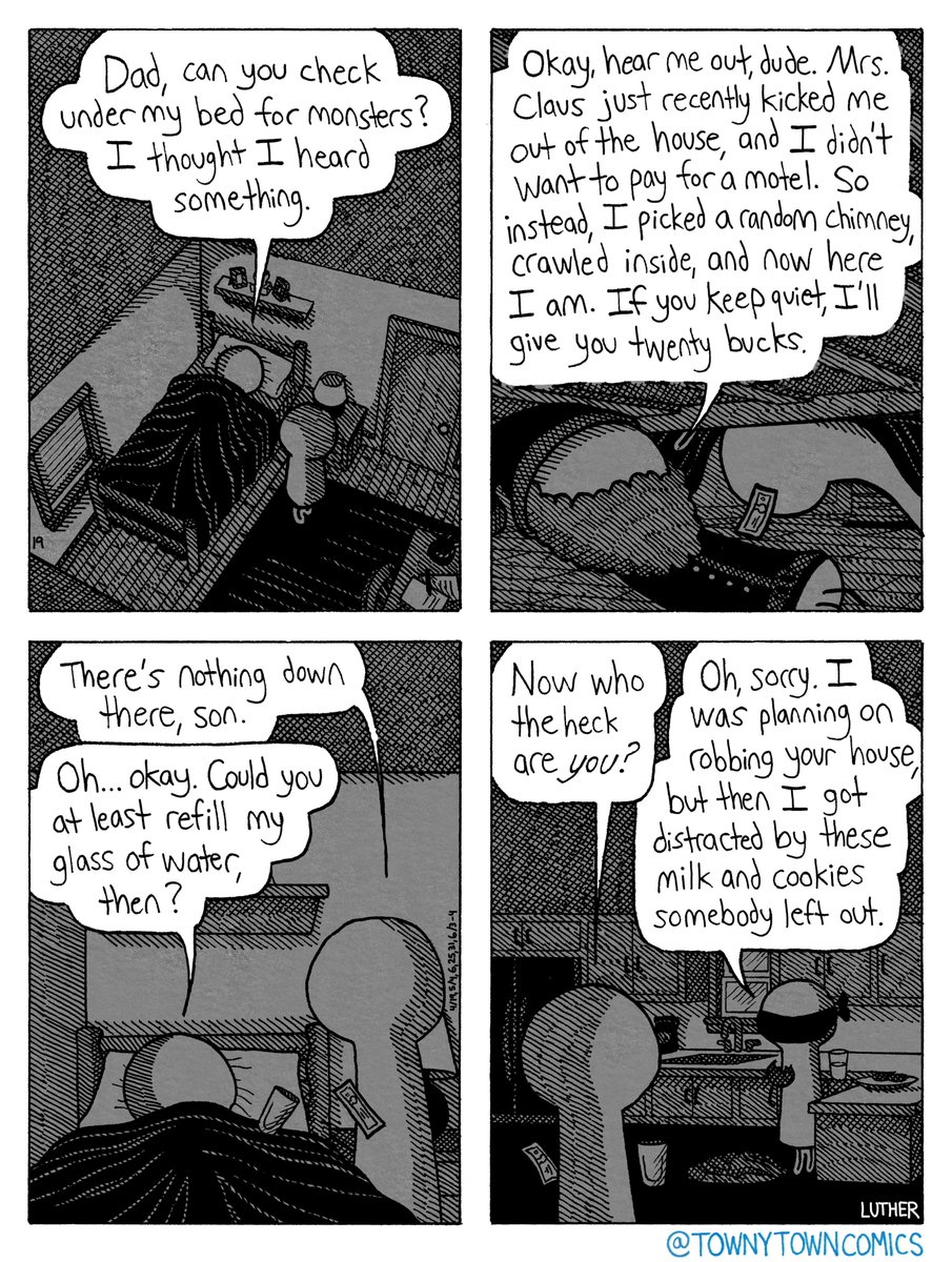 TownyTownComics's tweet photo. I’m not so much a fan of the joke in this comic as I am of the art. I feel like I really nailed a new technic to give my comics that “nighttime” look without doing it totally on the computer.

#comic #comicstrip #funny #webcomic #bed #monster #burglar https://t.co/JIrQPLhUDL