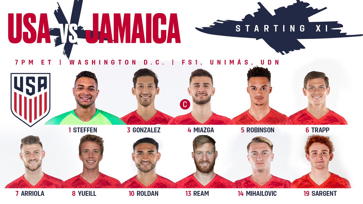 USMNT's tweet photo. 🇺🇸 🗞 Team news is in!  

Here's your #USMNT Starting XI for tonight's match vs. 🇯🇲.

LINEUP NOTES >> https://t.co/JhS1Lu3O0G https://t.co/fLr53N7KcZ