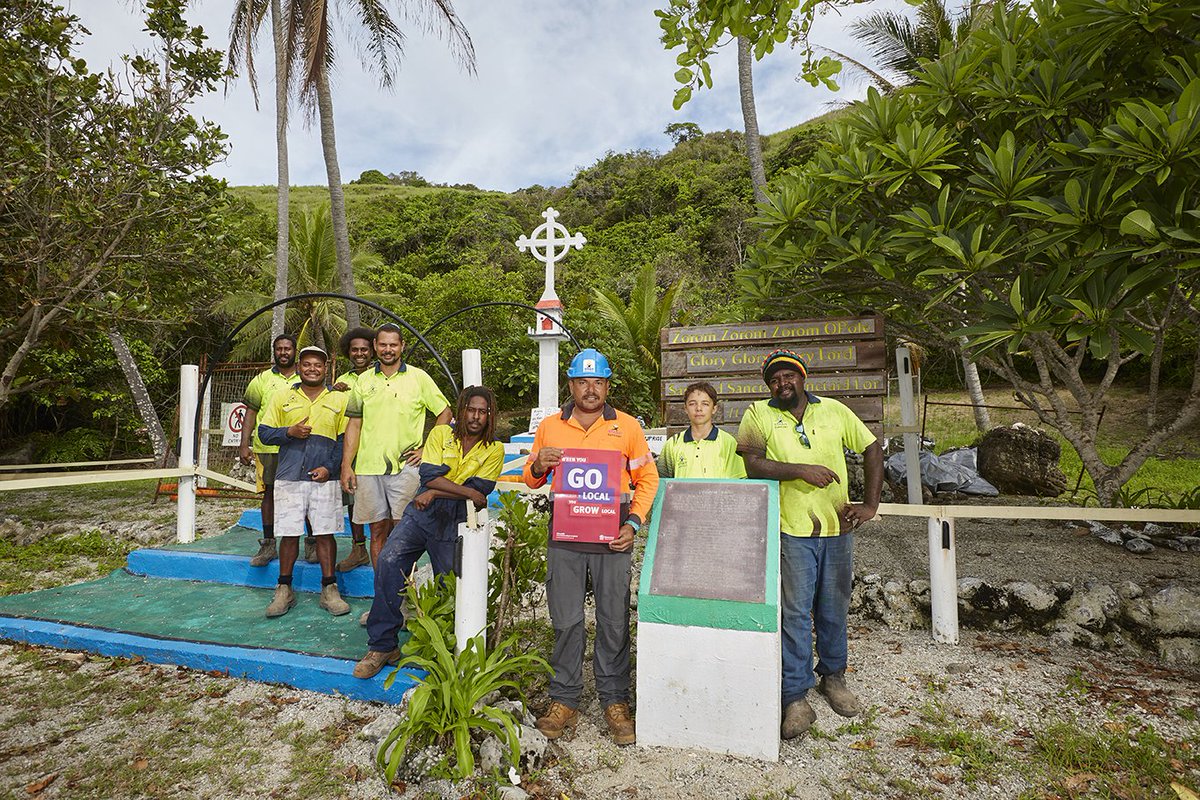 Businessqldgov's tweet photo. #100FacesQld, Strait Support #GoLocalQld employing local Aboriginal People &amp; Torres Strait Islanders for their #QLDsmallbiz. Owner Shane Lui (pic centre) w workers on Darnley Island (Erub) restoring “Coming of the Light” monument for 1 July annual event. https://t.co/tOqmBumHQ4. https://t.co/AnqpO1eNhK
