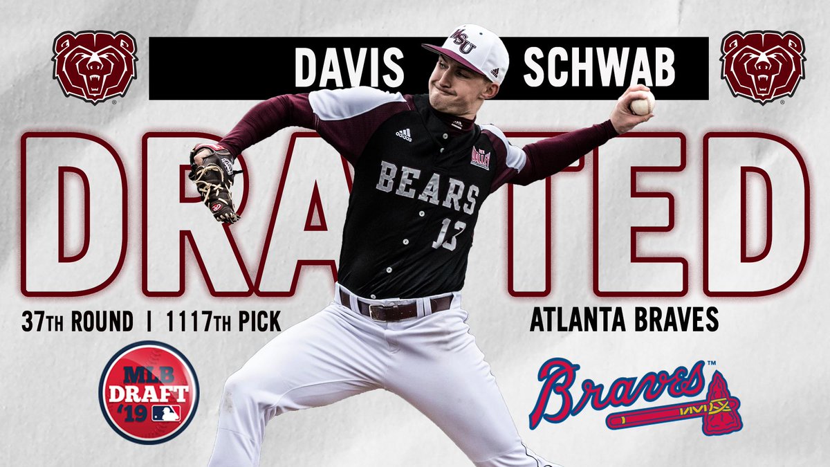 MoStateBSB's tweet photo. #MSUBears senior LHP Davis Schwab becomes the second current Bear selected in the 2019 MLB Draft, going in the 37th round to the @Braves! https://t.co/kdPyFheRbm