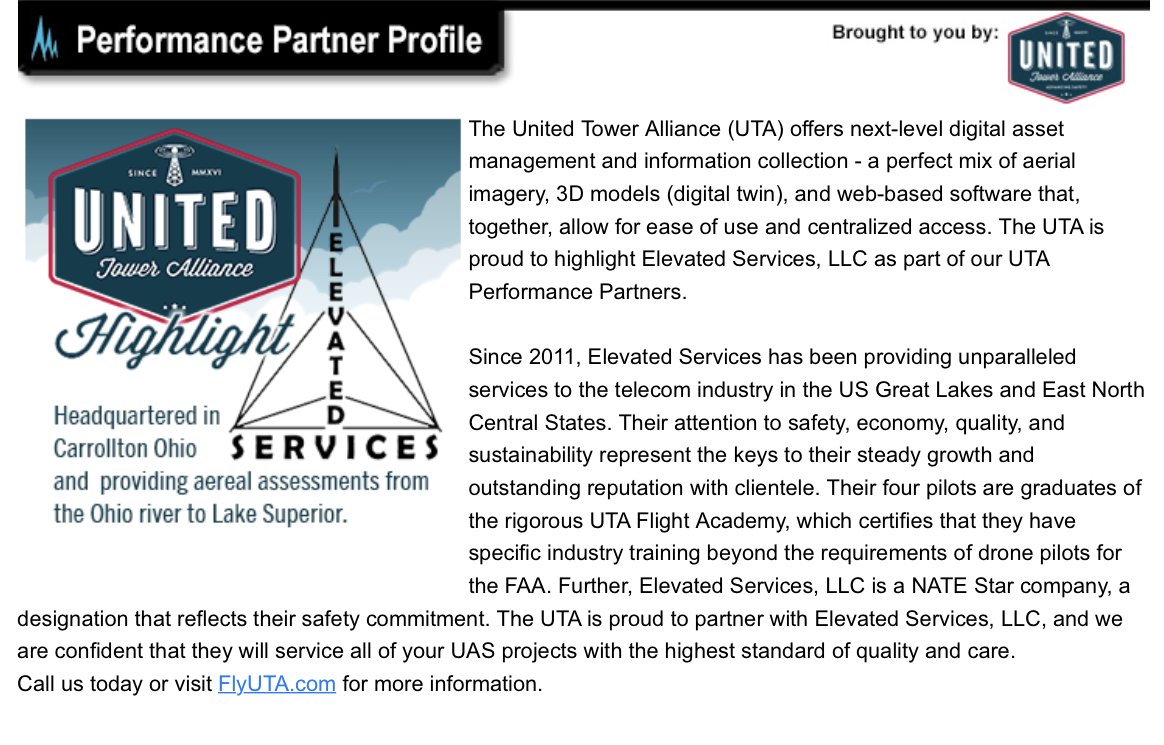 UnitedTower's tweet photo. Partnership with companies like @ElevatedServxs is what customer service at UTA is all about. We know your area, because we are always in your area! #unitedtoweralliance #uta #droneasaservice #towertechnician https://t.co/3mwFejlUjm