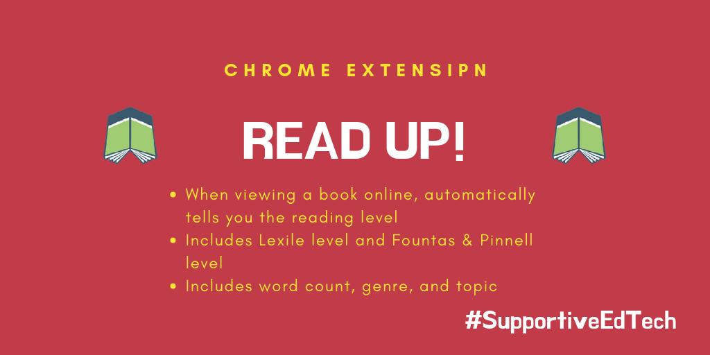 Ms_KatieNieves's tweet photo. I've been slacking lately, but here's the latest edtech tool I want to share. Read Up! is a Chrome extension that automatically reveals the reading level of a book when you're browsing online. No extra clicks or searching required! #SupportiveEdTech https://t.co/trKykQR0h2