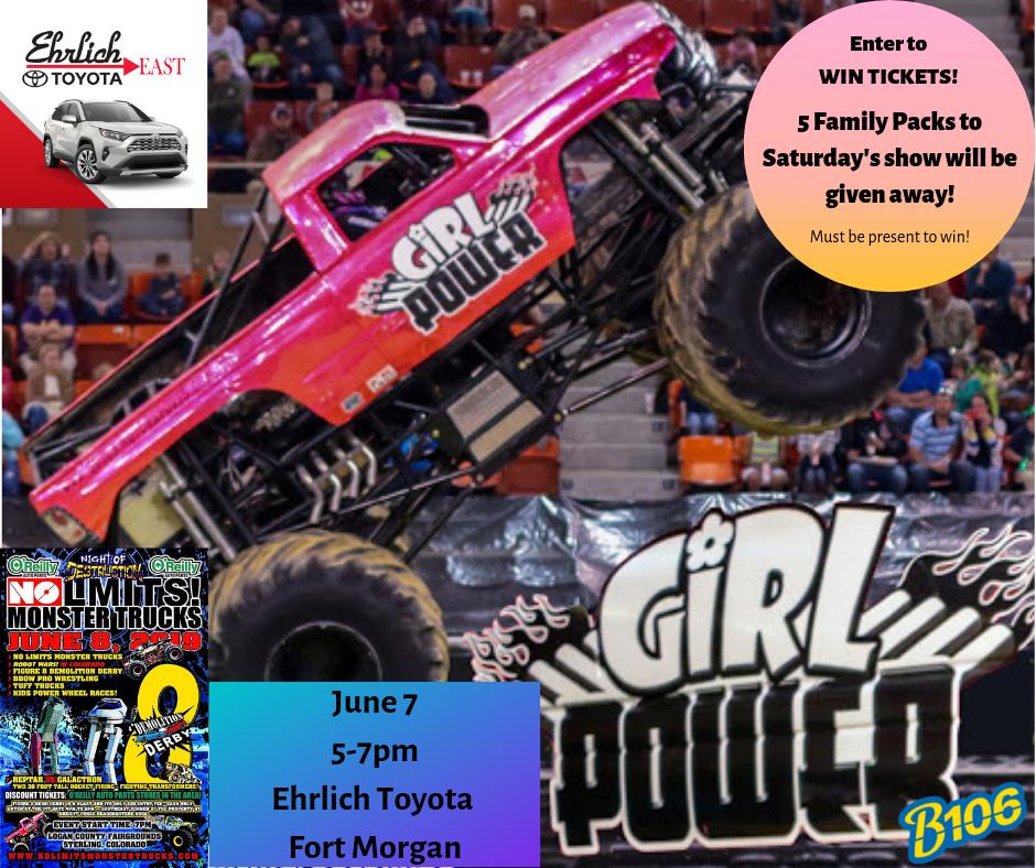 B106's tweet photo. Want to see a Monster Truck up close? Want to win tickets to the No Limits! Monster Truck show in Sterling on Saturday? Bring the kids, bring the neighbors, bring Grandma to @ehrlichouteast this Friday from 5-7p! Hot dogs! Noise! Fun! https://t.co/2BACFwajZv