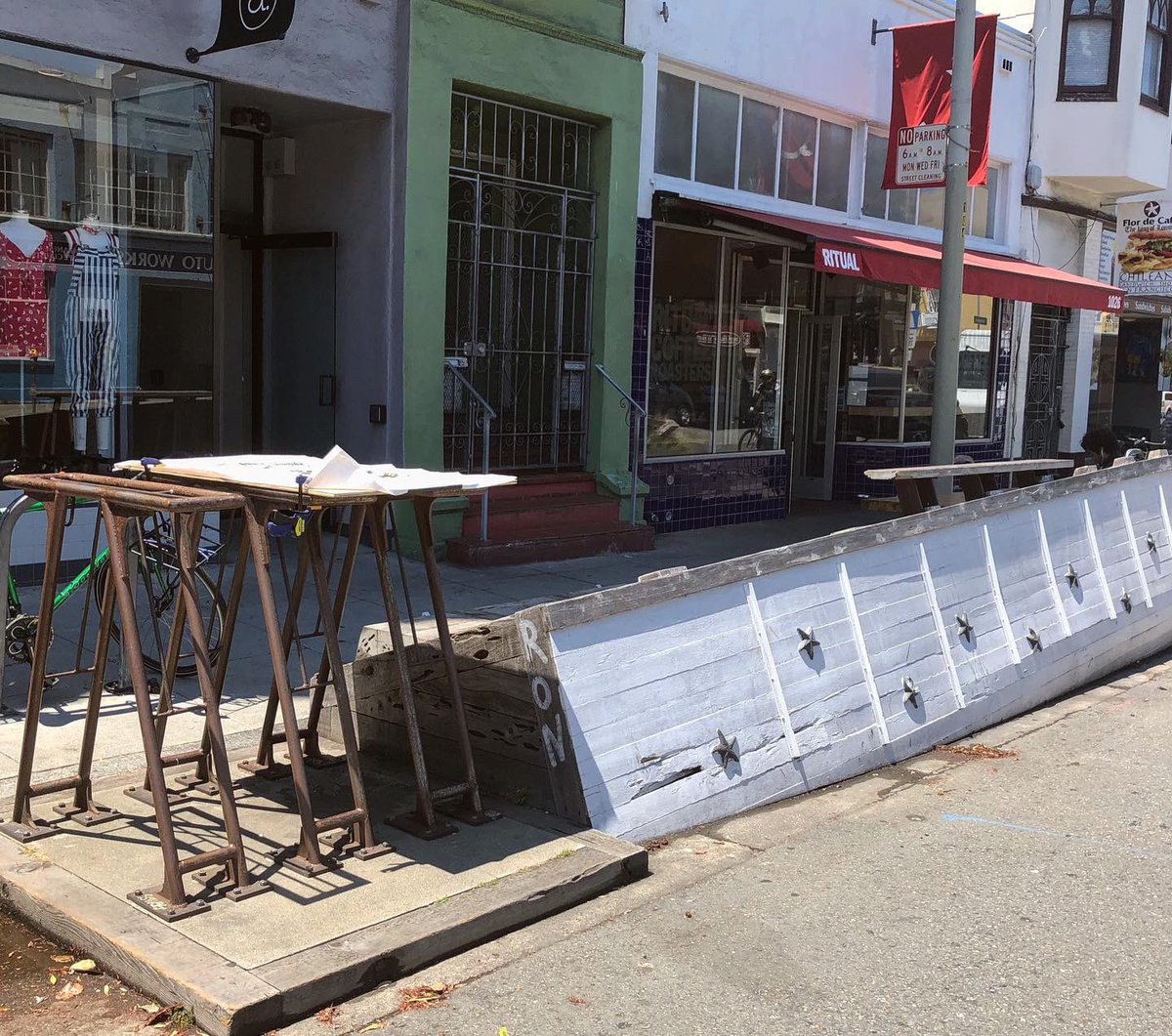 Genius boat (!!) & bike storage combo outside @ritualcoffee on Valencia. Designed by Boor Bridges with landscaping by Ground Cover Landscaping.  #parklet #valenciastreet #sanfrancisco #knownspace #nauticalvibes