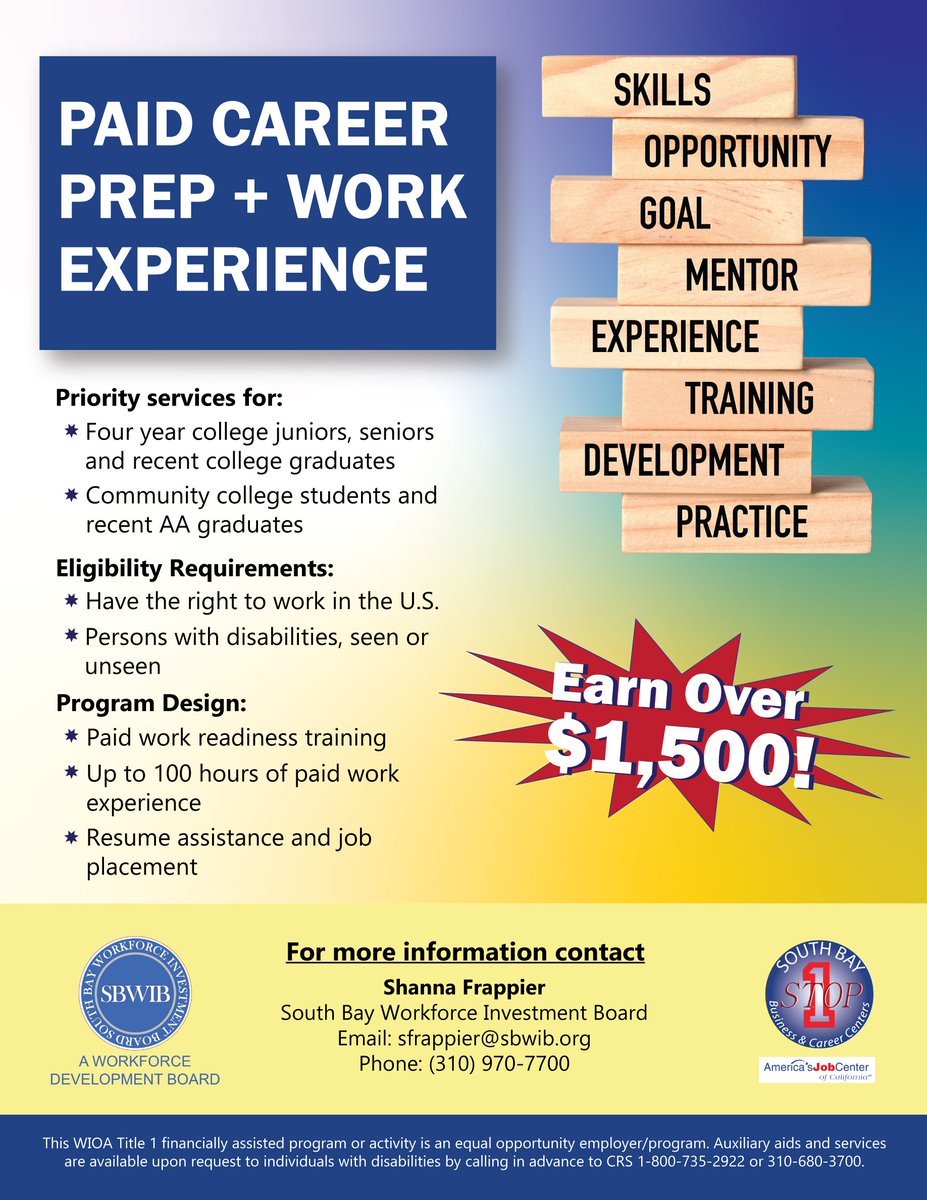 SouthBayWIB's tweet image. Available services for college juniors, seniors and recent graduates with disabilities. 

#paidworkexperience #resources #collegegraduates #careerprep