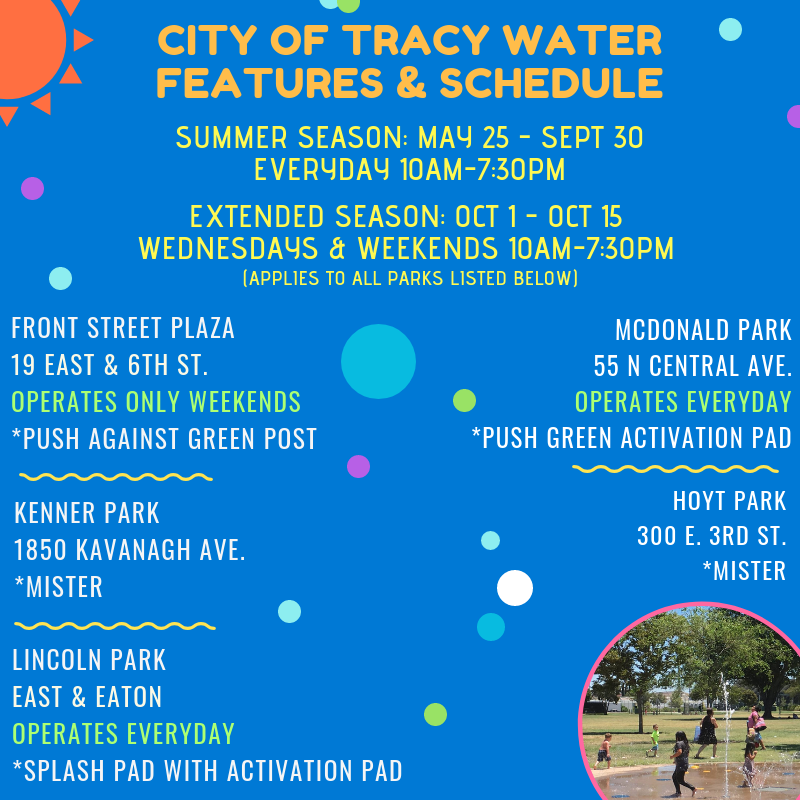 cityoftracy's tweet photo. Cool down this summer by utilizing one of our local parks water features! ⛱ Splash-pad and water feature location times vary. For more information call 209-831-6202 💦 🍉 #Parks #ParksMakeLifeBetter #PlayInsideTheTriangle #TracyCA https://t.co/AlefX6Fljq