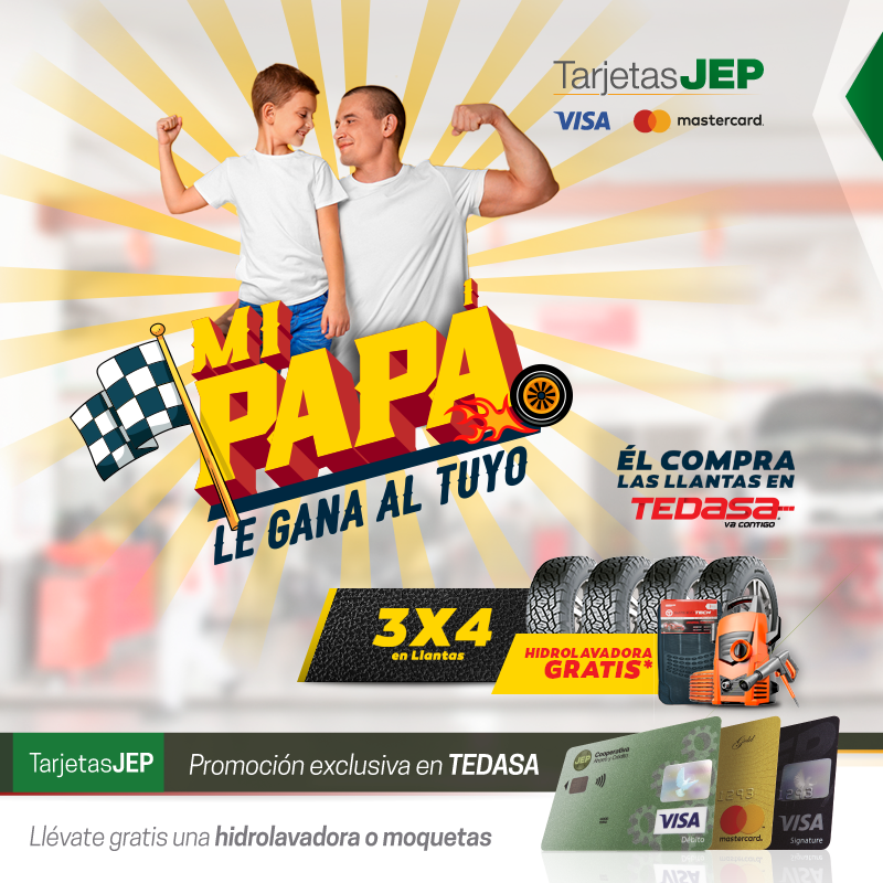 CooperativaJEP's tweet photo. 🔖 Promoción exclusiva en #TEDASA con #TarjetasJEP 🚗 
Lleva 4 llantas y paga por 3, adicional te llevas GRATIS una hidrolavadora o moquetas para tu vehículo. Difiere a 6 meses sin intereses. https://t.co/zKgxKs2vGQ