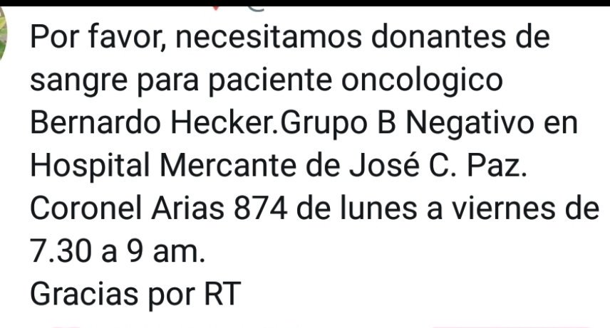 ¡URGENTE!
Solicitamos SANGRE  (1 litro, 2 dadores). RT