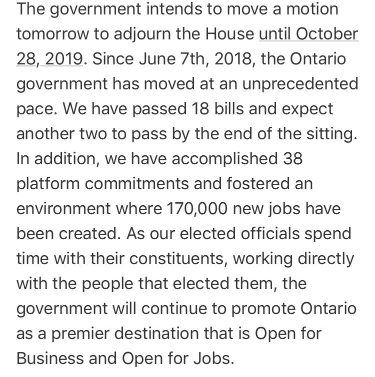 Travisdhanraj's tweet photo. #BREAKING: The @fordnation government will adjourn the House tomorrow until October 28 (after the federal elxn). Typically the house returns from summer break after Labour Day #ONPoli #CdnPoli 

FULL GOVERNMENT STATEMENT: https://t.co/5XCGcCQQuH
