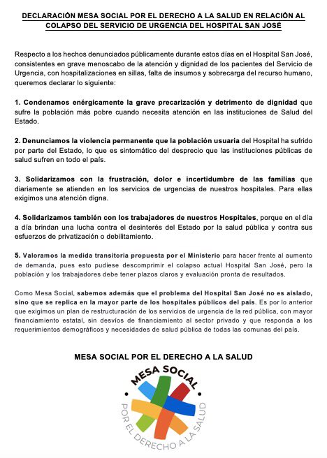 Como Mesa Social, nos sumamos a las denuncias de pacientes y trabajadores del Hospital San José respecto a las graves hechos que sufren quienes se atienen en el servicio de urgencia de este. 

Condenamos enérgicamente el abandono del Estado a nuestras instituciones públicas.