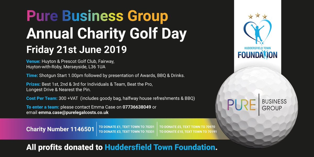 htafcfoundation's tweet photo. The @PureBGroup Annual Charity Golf Day 2019 will be held on Friday 21st June at Huyton &amp; Prescot G.C. Raising vital funds for the @townfoundation Contact Emma Case on 07736638049 or emma.case@purelegalcosts.co.uk to enter your team! (LB) https://t.co/EFgMlYAE1U