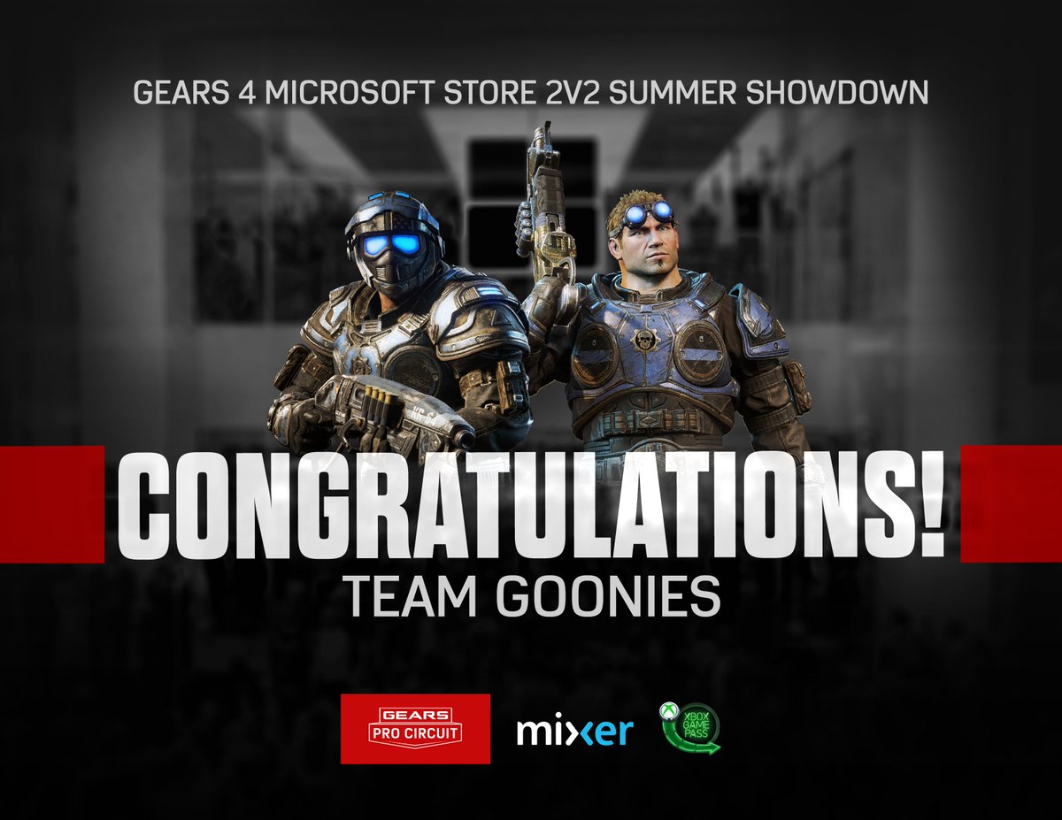 GearsEsports's tweet image. 2v2 @MicrosoftStore Summer Showdown champs - Team Goonies (@Snea1k &amp;amp; @Ko_TFG) win a free trip to watch the @ELEAGUETV Gears Summer Series Invitational in July!

GGs to all who participated 👊