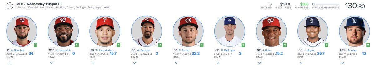 Bet light this morning because we had an OB appointment for Jenna and baby #2, but grateful to say that we just picked up our 5th straight "Early-Only" win in #MLB #DFS...

✅ 5/27
✅ 5/29
✅ 5/30
✅ 6/1
✅ 6/5

🔁 ONE RANDOM RETWEETER WILL WIN A $750 PRIZE (Announced tonight)!