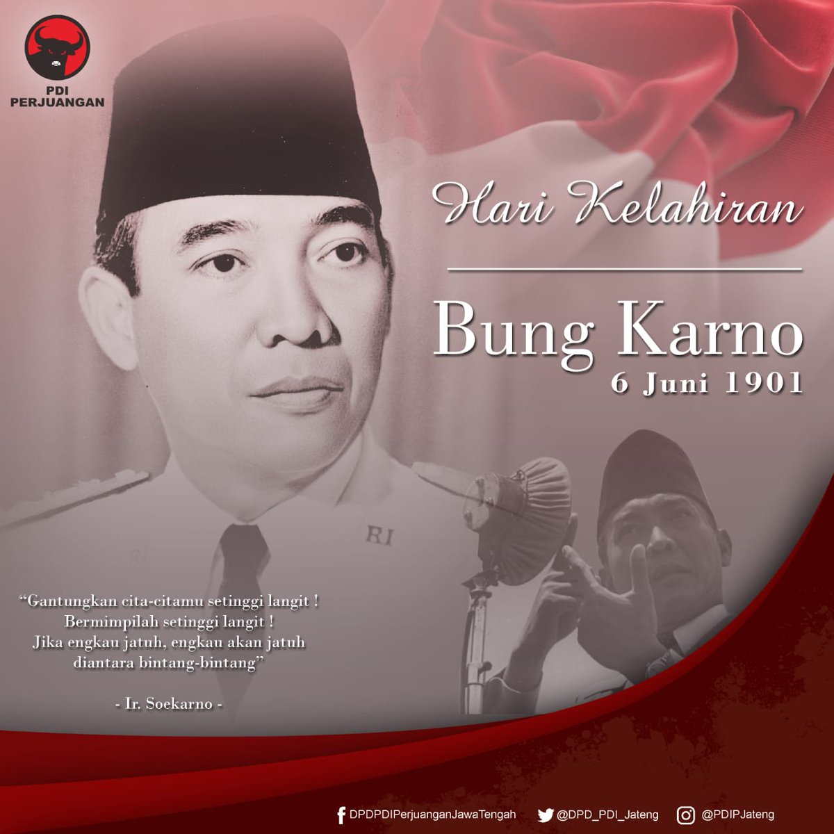 "Bersamaan dengan kelahiranku menyingsinglah fajar dari suatu hari yang baru dan menyingsing pulalah fajar dari satu abad yang baru," demikian penuturan Soekarno, dalam buku Penyambung Lidah Rakyat oleh Cindy Adams.
Selamat hari lahir, "Putra Sang Fajar"
6 Juni 1901 - 6 Juni 2019