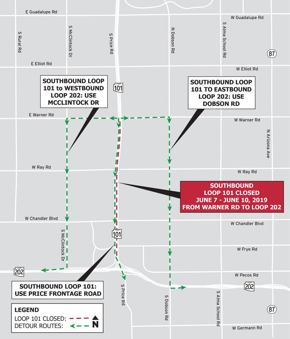 ArizonaDOT's tweet photo. Reminder! L-101 Weekend Closure
Southbound L-101 Price Freeway will be closed between Warner Road and the Santan Freeway from 10 p.m. Friday, June 7, to 5 a.m. Monday, June 10.
@Tempegov @cityofchandler @CITYOFMESA https://t.co/YF7NhkbISD