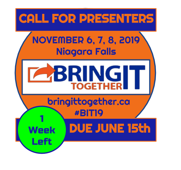 vBIT21's tweet photo. ONE WEEK! ONE WEEK! You only have one week left to submit your proposal to present at #BIT19! Deadline for Submissions: June 15th, 2019. https://t.co/ywaHd8tzsB #onted #ontedleaders #fnmied #edtech #cdned #ontarioeducation https://t.co/K7IMTHVFa4