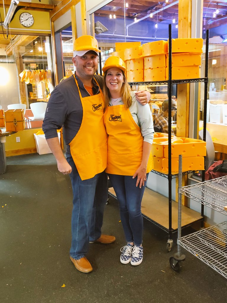 TechyBecky7's tweet photo. What an AMAZING experience at the @Chzheadfactory today! We even got to make our own! Definitely a must do if you're ever in WI! Did you know there is science, math, &amp; technology involved in the making of these? Check it out! I "smell" a VR trip! 🧀 #edtech #originalcheesehead https://t.co/exQwpkspS7