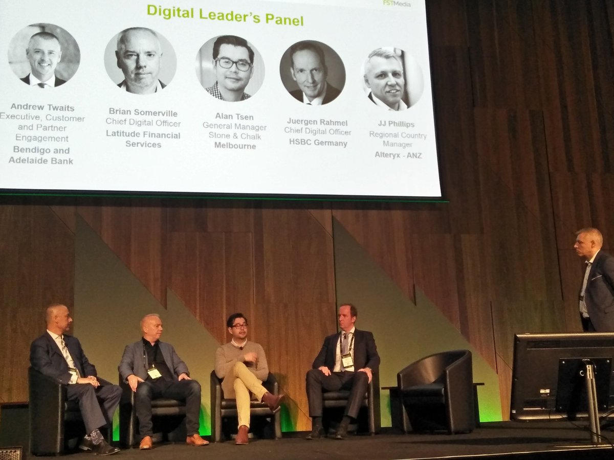 FSTMedia's tweet photo. Digital Leaders' panel (L-R): Andrew Twaits, Bendigo & Adelaide Bank; Brian Somerville, Latitude; Alan Tsen; Juergrn Rahmel, HSBC Germany. Moderator: JJ Philips, Alteryx ANZ. #FSTMelbourne https://t.co/uNvSsoYWCU
