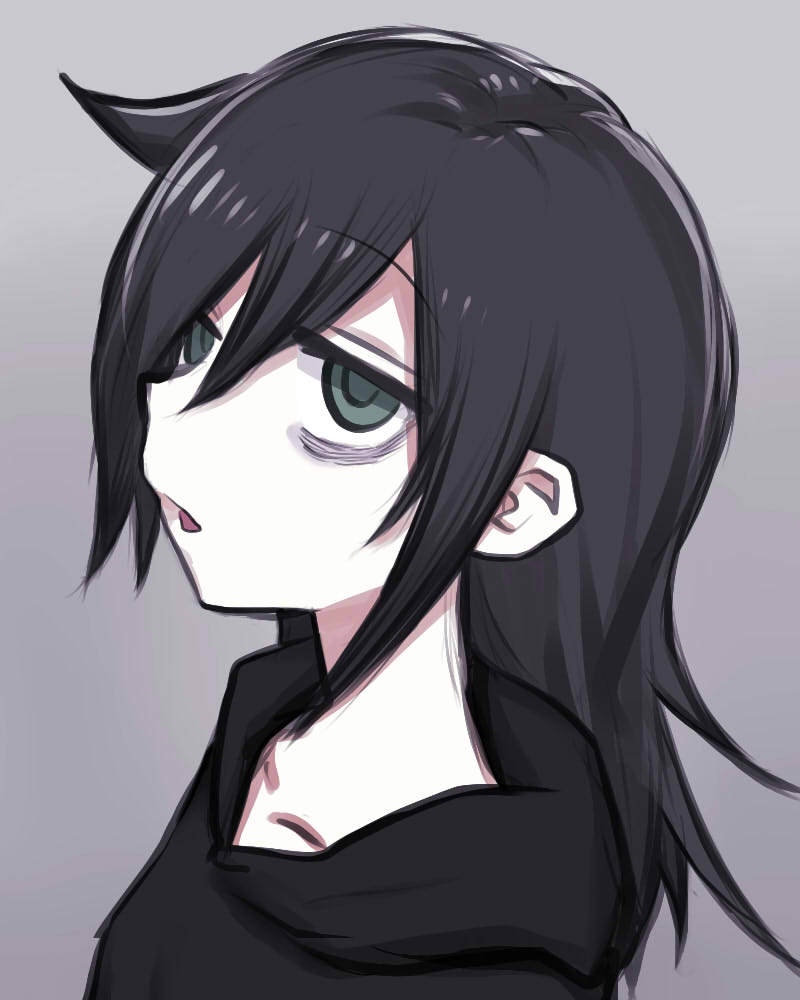 kuroki tomoko 1girl solo bags under eyes black hair hoodie hood green eyes  illustration images