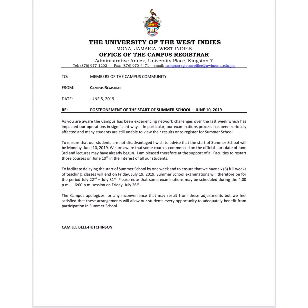 UWIMonaGuild's tweet image. ATTENTION ALL STUDENTS : The attached is an advisory issued by the Campus Registrar, Dr. Camille Bell Hutchinson. It states that as a result of the system failure summer school will be postponed from June 3rd to June 10th and will end on July 19, 2019.