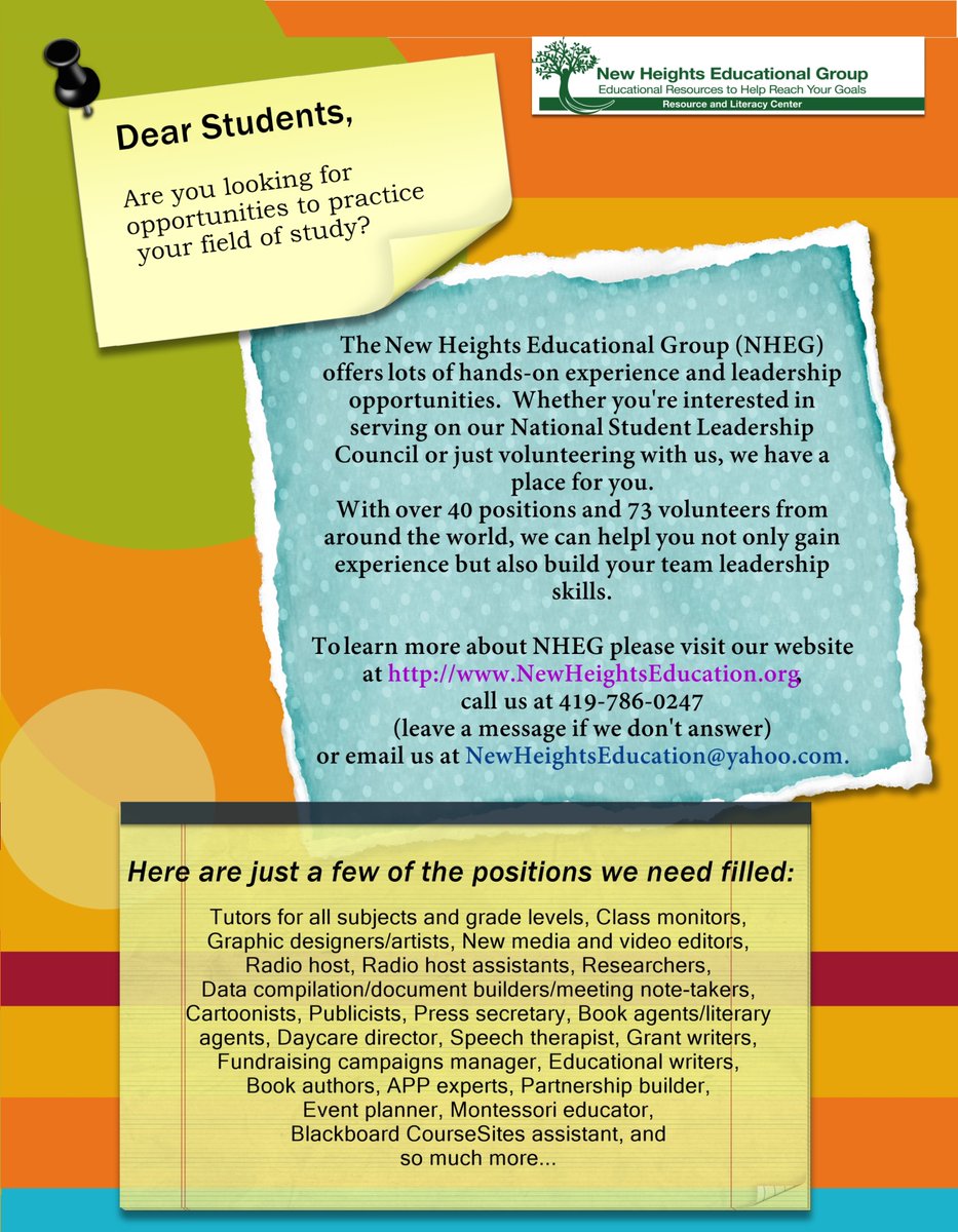 newheightseduc1's tweet photo. Positions to be filled with volunteers.

#Volunteers #NHEG #employment #unemployment #opportunities #skills #homeschooling #onlinelearning #jobs #resume #studentsuccess #college #education #experience #leadership #nonprofit #contact #fieldofstudy #kids

https://t.co/JsCPEXve1B https://t.co/gEvsdmueMg