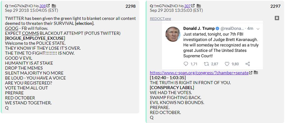 99. QDrop 2296-98 hype RED OCTOBER and declare Facebook/Google/Twitter will censor conservatives to allow the Democrats to win because IF THEY LOSE IT IS OVER. Q is admitting the Deep State won the Midterms here.