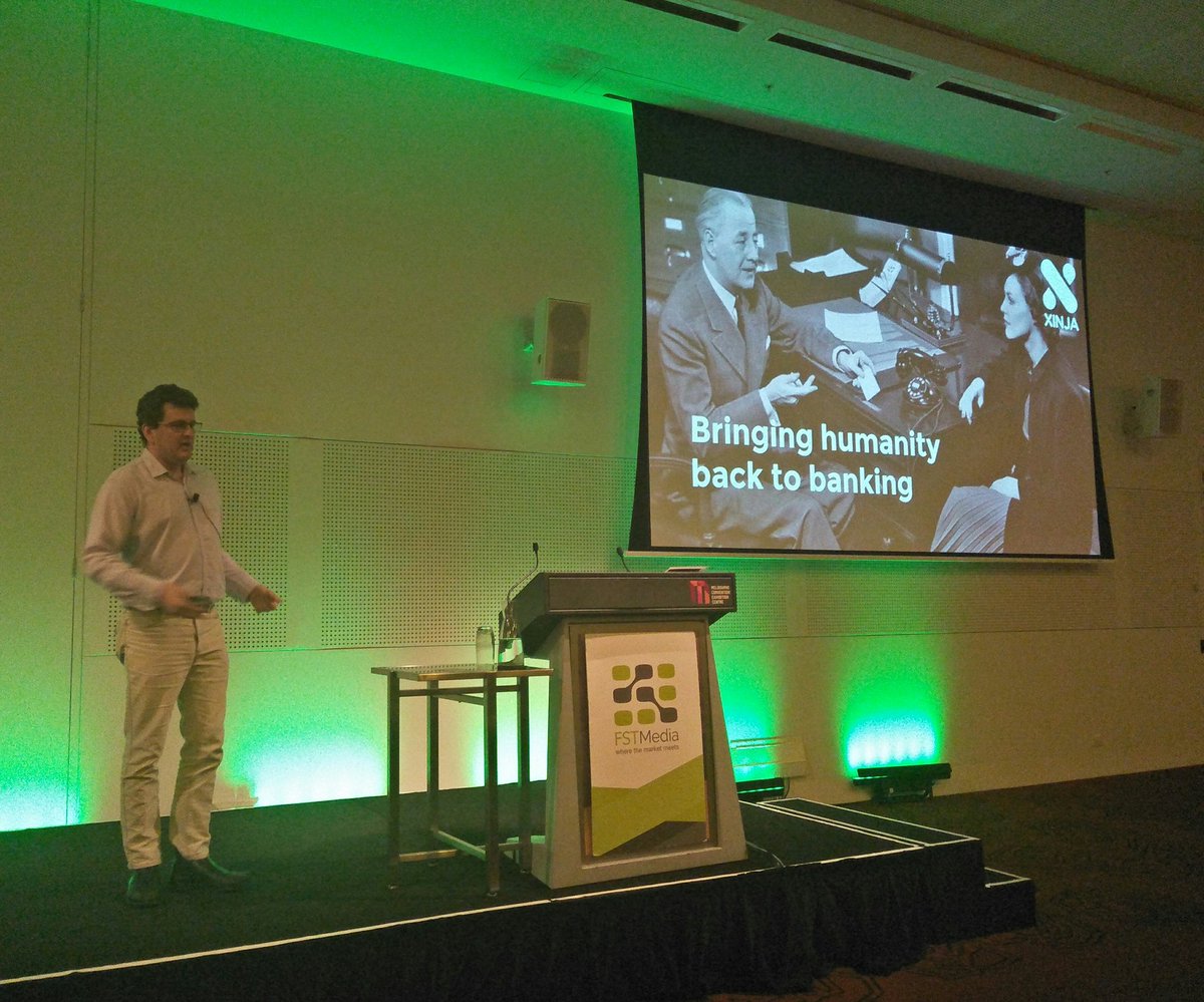FSTMedia's tweet photo. "What about [banks] generating alternative revenue streams? What about taking the burden off the customer a little bit?" - Eric Wilson, CEO, Xinja speaking on changing banking for good. #FSTMelbourne @xinjamoney https://t.co/bZVhzeO1Un