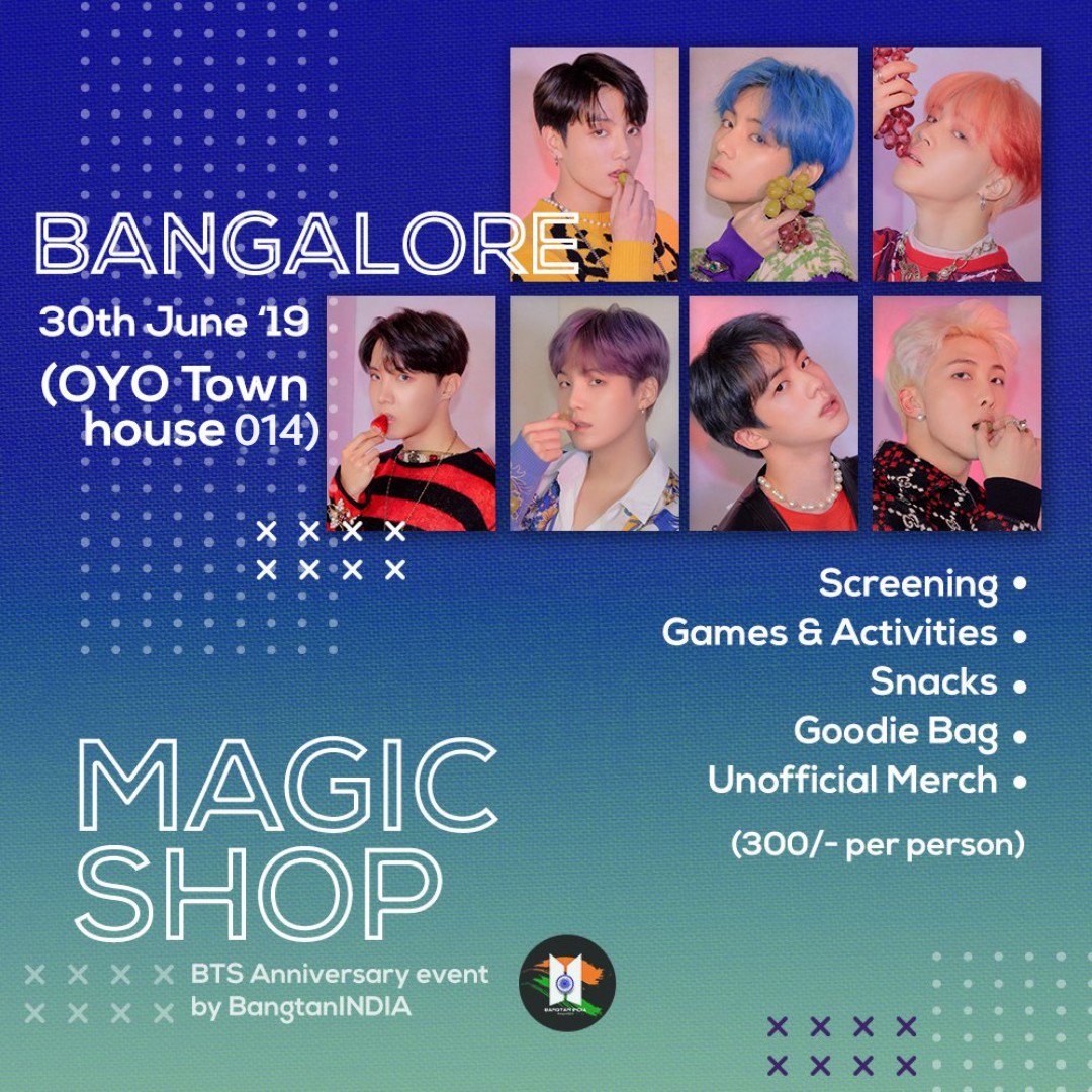 BangtanINDIA's tweet photo. BANGALORE ARMYs! 🎉🎉
We are super excited to announce the @BTS_twt #ArmyGalaxy2019 MAGIC SHOP in Bangalore! 
We hope to see you guys there!💜
All details including venue, time, payment method etc are mentioned in the form given below.
🔗https://t.co/N7CJe7JsJu https://t.co/dQ8bsznUhp