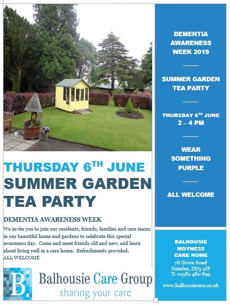BCGcares's tweet photo. #BalhousieCare Moyness invite you to join residents, friends, families and care teams to their beautiful home to celebrate #DementiaAwarenessWeek. 
Meet friends old and new, and learn about living well in a care home.  Purple themed #teaparty kicks off today at 2pm.
#DAW2019 https://t.co/mGqSEy6RdW