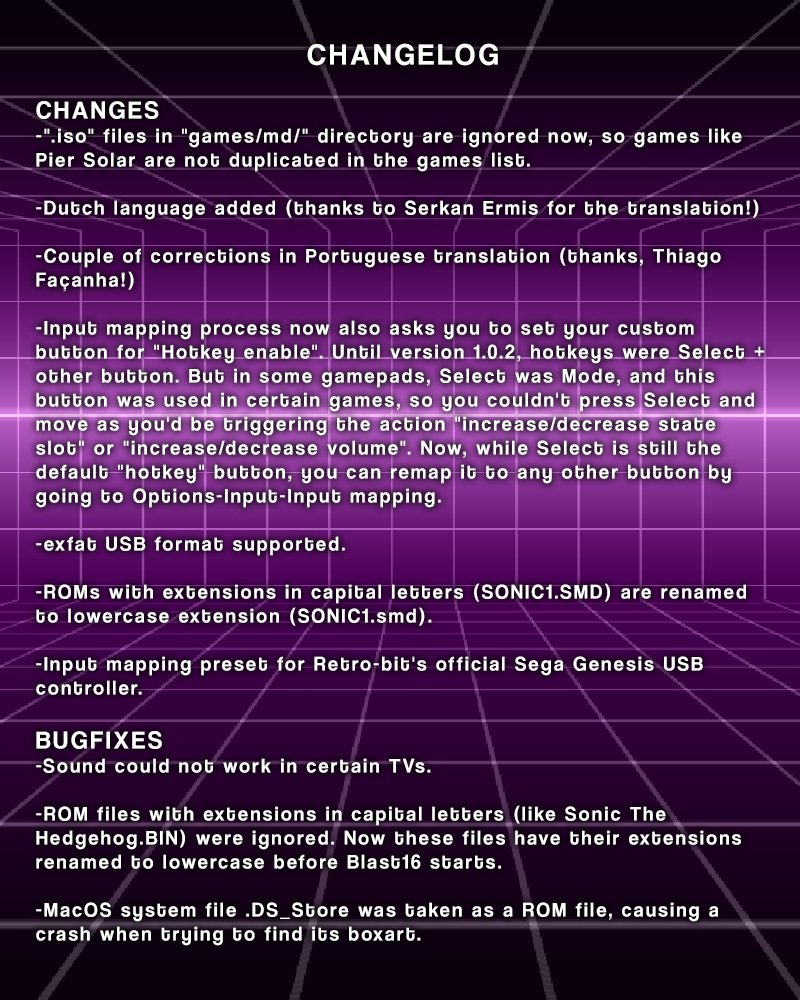 tripware_dev's tweet photo. #Blast16 1.0.3 is available at https://t.co/XrZDvQ80Pt!

This update comes as an image only (no USB update), so please remember to backup your system so you can restore it after flashing your SD card.

Attached is a small guide for updating, and the changelog. https://t.co/XcjBycNjK3