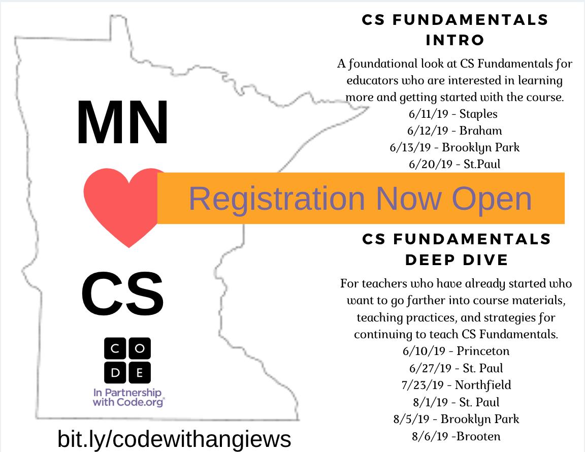 mrskalthoff's tweet photo. Trying to decide which @codeorg workshop to attend this summer? Workshops are free and open to MN k-5 educators! Learn more and signup at https://t.co/2pX63jebZB #edmn #mnlead #mncodes #edcampmidmn https://t.co/6SQvJEdJW4