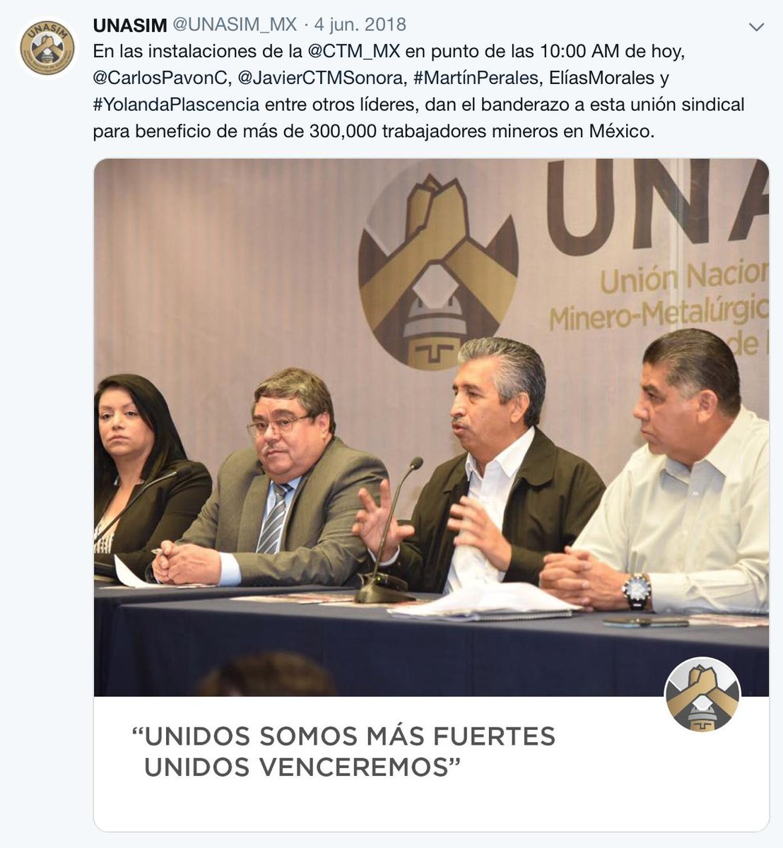 UNASIM_MX's tweet photo. En @UNASIM_MX celebramos nuestro primer aniversario como el representante minero más grande de México, al agrupar al 90% de los trabajadores.
Trabajamos por el #ProgresoLaboral, una #MineríaResponsable y una #ProductividadIndustrial.
¡Unidos somos más fuertes!
#FuerzaMinera https://t.co/dlK6l0DhVn