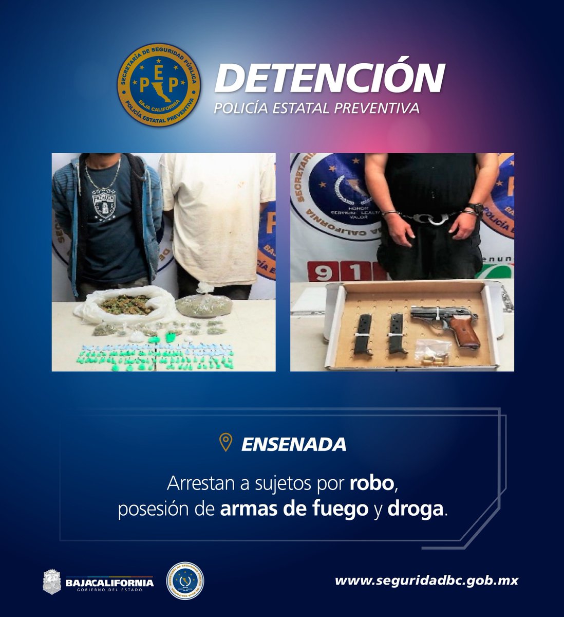 gesibc's tweet photo. Agentes de la Policía Estatal Preventiva aseguraron en distintos operativos de #Ensenada a 4 sujetos involucrados en delitos contra la salud, portación de arma de fuego y orden de aprehensión por robo calificado.
#CombateAlCrimen #PEPBC #SeguridadPública @GobiernoBC @KIKOVEGA_ https://t.co/ZS099sCnwI