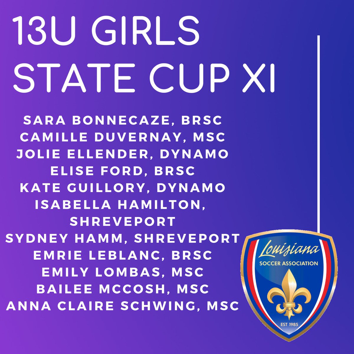 #lsastatecup2019 Inaugural State Cup XI for girls 13U.  #playlouisianasoccer