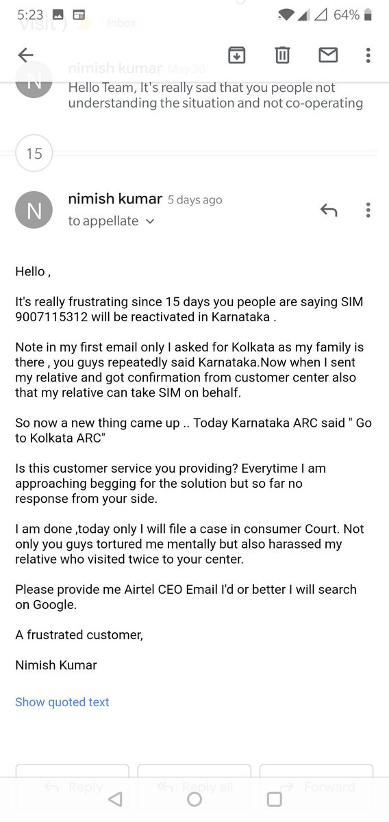 nimish_kumar's tweet image. First they asked me to go Karnataka and then Kolkata to reactivate the sim.@Airtel_Presence @airtelindia