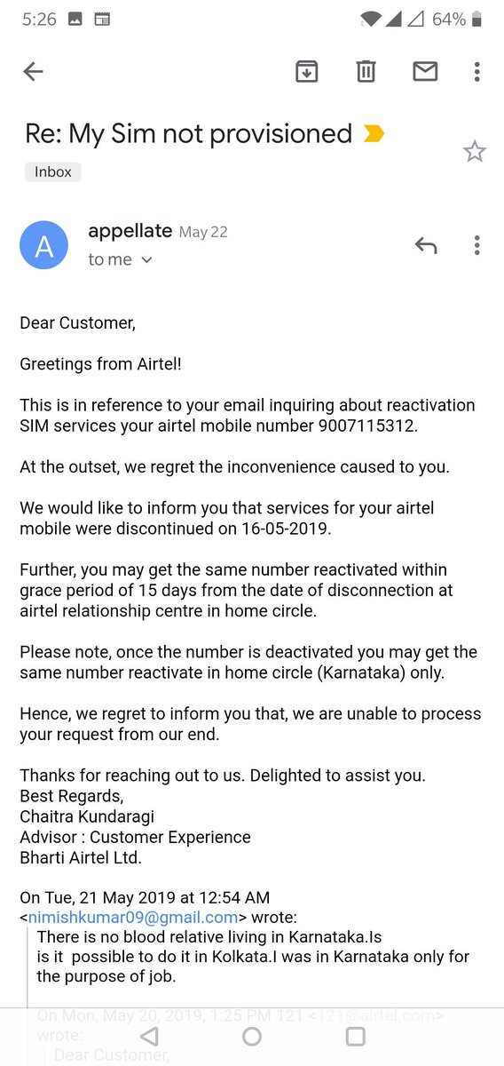 nimish_kumar's tweet image. First they asked me to go Karnataka and then Kolkata to reactivate the sim.@Airtel_Presence @airtelindia