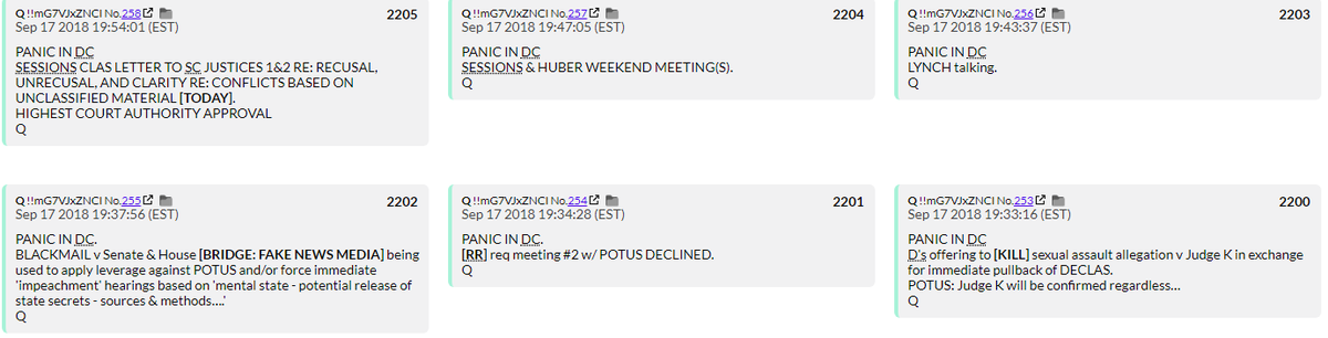 90. QDrops 2200 to 2205 is a PANIC IN DC 6 pack of nonsense. Lynch cut a deal (again violating Q's NO DEALS policy) Dems offer not to accuse Kav of sexual assault for no DECLAS and other nonsense that didn't happen.