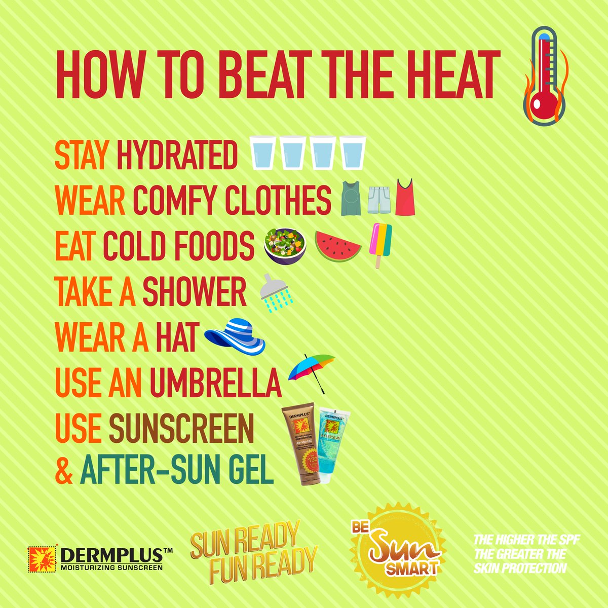 DermplusPh's tweet photo. SUN ALERT! Daily temperatures are still soaring. Be sun-smart and follow these reminders on how you can beat the scorching heat. ☀️
#dermplusph https://t.co/Ehi4FpVLWr