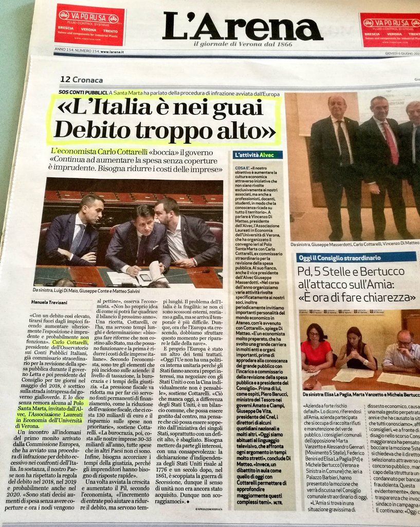 UniVerona's tweet photo. #6giugno buongiorno in #Univr! Su @larenait di oggi si parla dell'incontro con @CottarelliCPI al polo #SantaMarta dedicato ai #rischi e #prospettive dell'#economia #italiana, promosso dall'#Alvec, l'Associazione laureati in economia dell'#università di #verona https://t.co/qaJloeUnSR