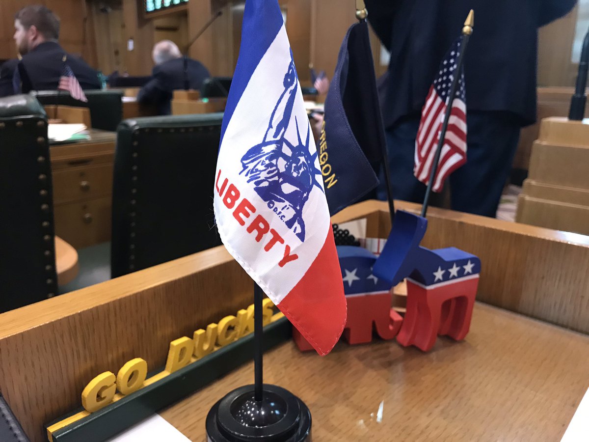 This Liberty flag displays on desk of the Rep who casts a lone NO vote. Staff reminds me there's a game called Capture The Flag. No game for me. I had reasons to vote No. 🙄Proud to have flag for a few minutes before someone else claimed it!#orpol #orleg