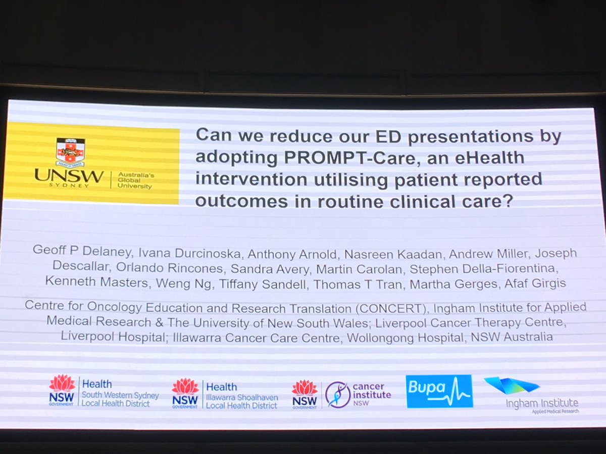 Afaf_Girgis's tweet photo. Prof Geoff Delaney reporting 26% (significantly) lower ED presentations in #PROMPTCare #cancerpatients c/w controls in @SWSLHD and @IllaShoalHealth #healthbeyond19 #ePRO #selfmanagement #ehealth @InghamInstitute @ConcertTcrc @CancerSPHERE https://t.co/NTSxJ6ufZ9