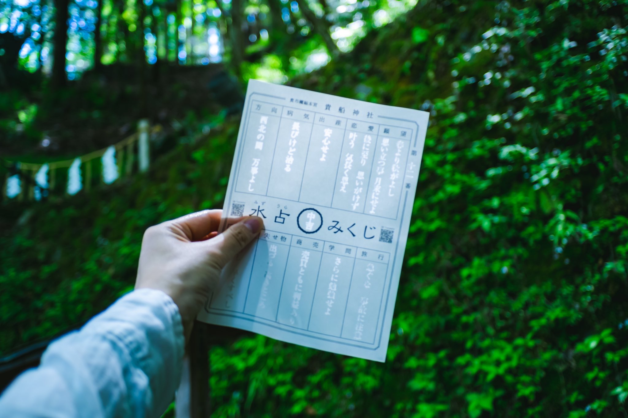はんなり京都を歩く 貴船神社は涼しくて おみくじの楽しみ方は水に浮かべるだけではなくて 光に透かしてみればなんと綺麗な 貴船神社 水占みくじ