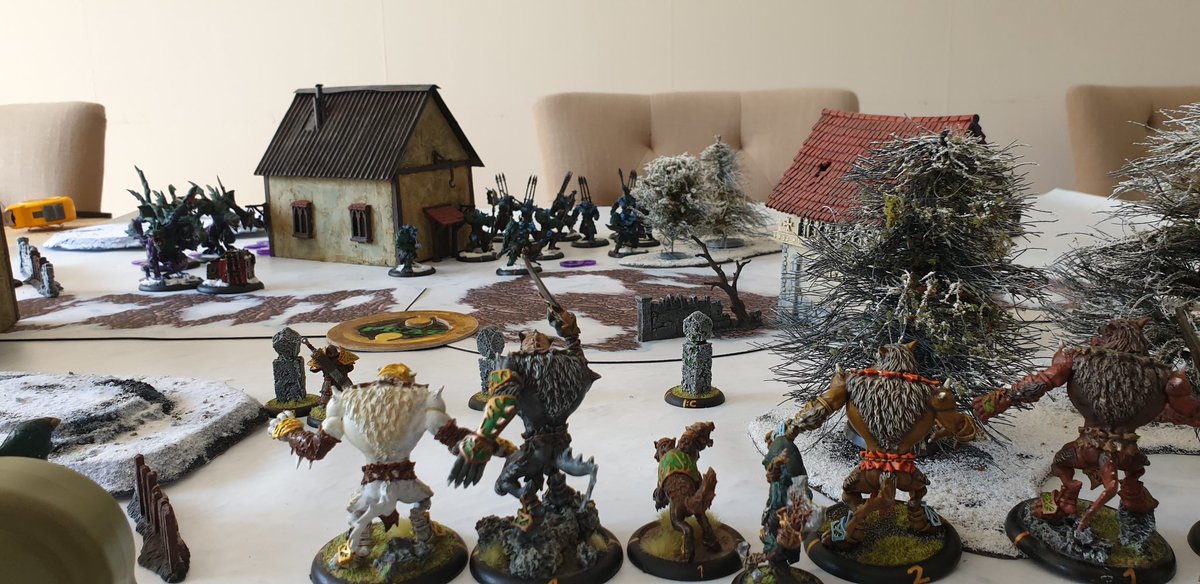 Playing Warmahordes for the first time in forever today. Both of us have outdated armies, but so far it's just for fun. #warmahordes #beerandpretzels #lifeofawargamer