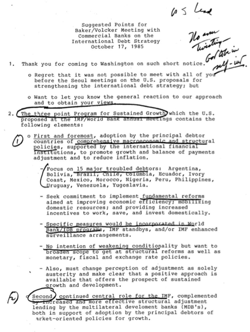 Baker convinced G-5 ministers and bankers in secret meetings -- bankers loved it!Citing Baker Plan, BNP Paribas wrote to IMF to propose creation of privatization funds "to buy shares in state-owned enterprises, i.e. Petrobras in Brazil."7/18