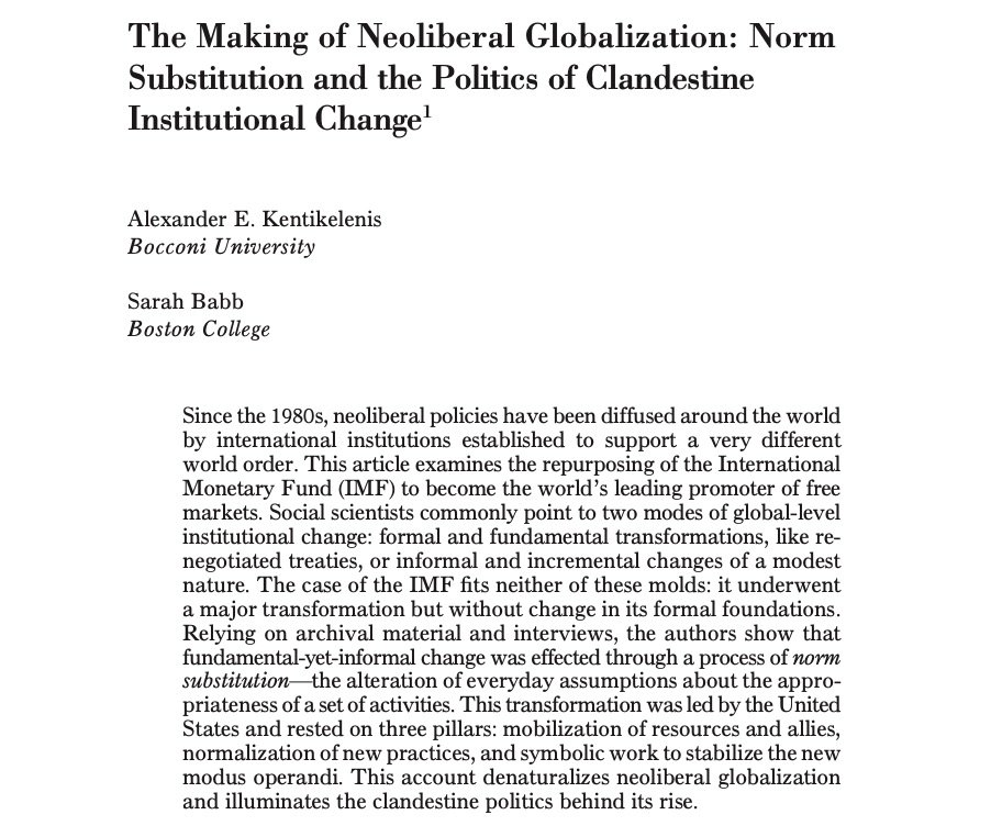 New in AJS: "The Making of Neoliberal Globalization" w/ S Babb. We examine the rise of Washington Consensus policies in 1980s.The US engineered the policy agenda, but how? A nerdy thread on institutional changePaywall:  https://doi.org/10.1086/702900 Ungated:  http://bit.ly/NeoliberalGlobalization