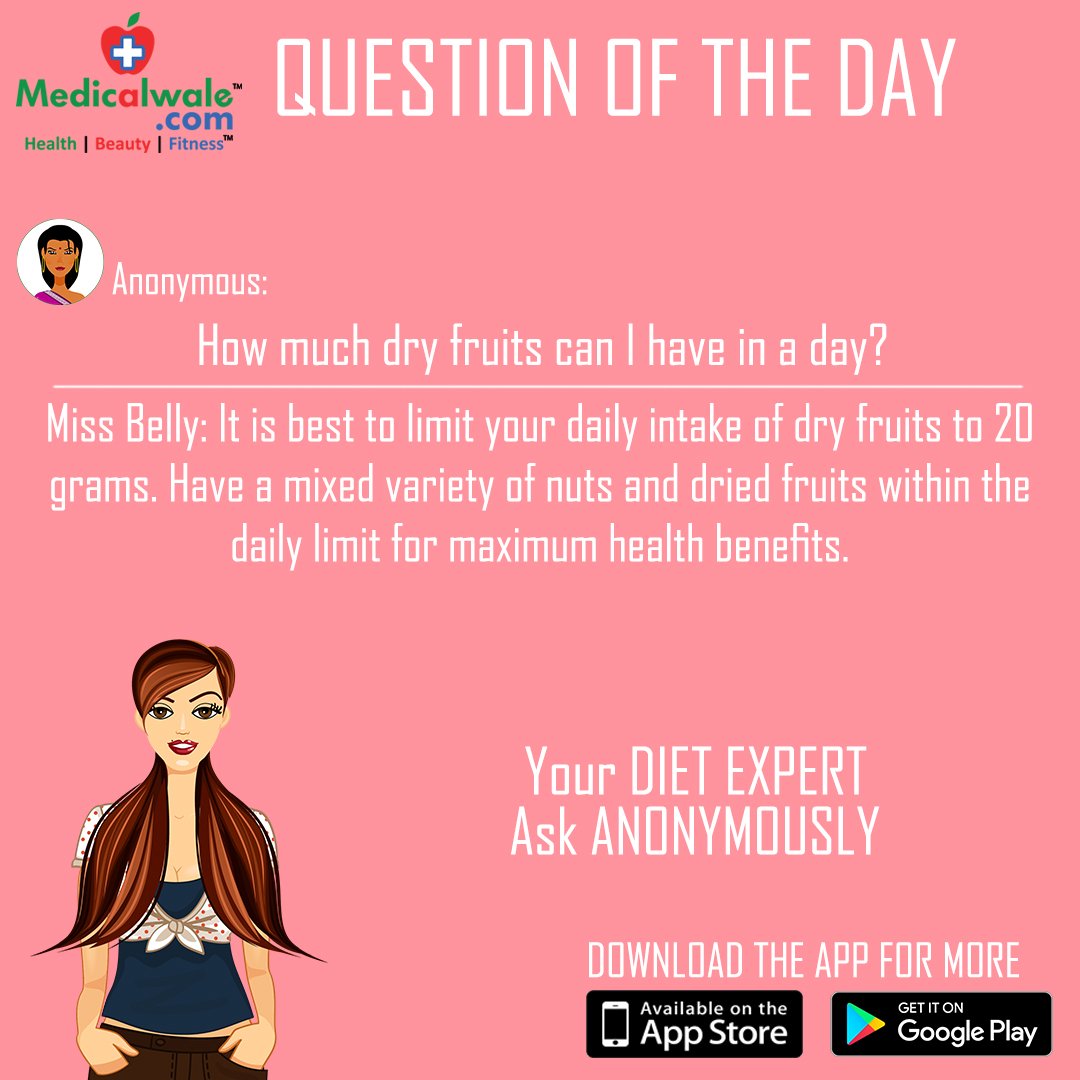 Medicalwalecom's tweet photo. Have any diet query?
Ask our dietitian Miss Belly!
Download app- https://t.co/MOfWdFW4N8
#Medicalwale #MissBelly #DietExpert #DryFruits #Quantity #Intake #DailyIntake #20Grams #MixedVariety #Nuts #DriedFruits #DailyLimit #HealthyFood #HealthyDiet #HealthApp #HealthCare https://t.co/EyXCNb4a9z